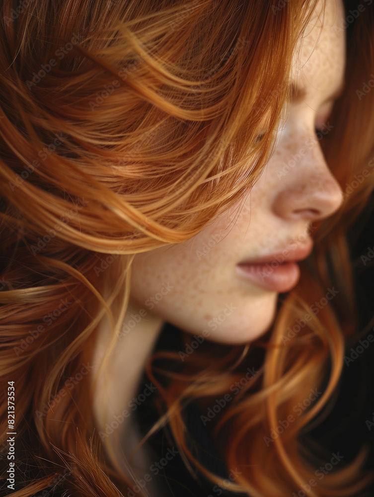 Profile of a redheaded young woman with flowing hair. Profile of a redheaded young woman with flowing hair.