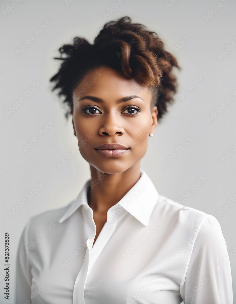 Portrait of an African American business women in a white shirt, isolated white background
Portrait of an African American business women in a white shirt, isolated white background