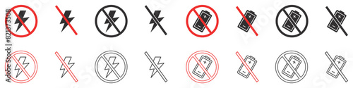 Set of no electricity and no battery signs. No battery icon collection, no lightning symbol, ban. Blackout icons, power outage, battery is prohibited, bright warning. Vector. EPS10. photo