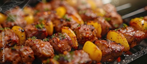 Close-up of meat and vegetables grilling on a bbq photo