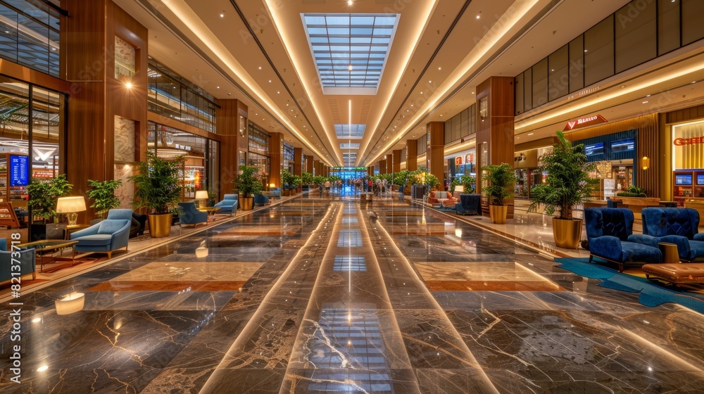 Elegant and luxurious shopping mall interior featuring polished marble floors, lush green plants, modern lighting, and upscale retail stores in a vibrant, lively atmosphere