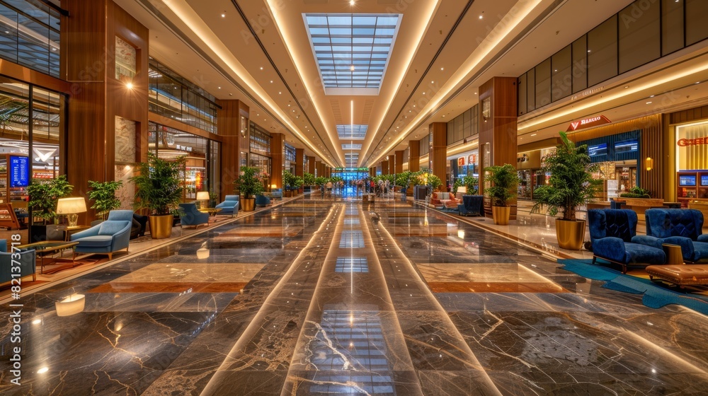 Elegant and luxurious shopping mall interior featuring polished marble floors, lush green plants, modern lighting, and upscale retail stores in a vibrant, lively atmosphere Elegant and luxurious shopping mall interior featuring polished marble floors, lush green plants, modern lighting, and upscale retail stores in a vibrant, lively atmosphere