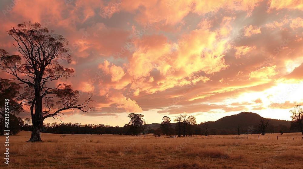   A field with a tree at its center and a sunset in the background, featuring clouds in the sky
