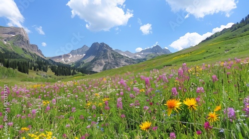Alpine meadow with wildflowers blooming  mountains in the background