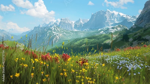 Alpine meadow with wildflowers blooming  mountains in the background