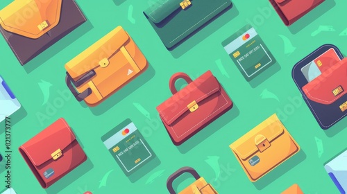 A seamless pattern featuring briefcases, credit cards, and digital wallets on a green background  © Didikidiw61447