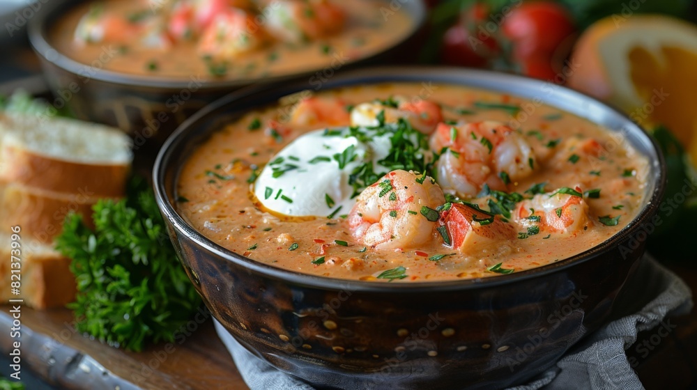 Highlight the creamy richness of a bowl of lobster bisque, featuring chunks of tender lobster meat and a swirl of Highlight the creamy richness of a bowl of lobster bisque, featuring chunks of tender lobster meat and a swirl of