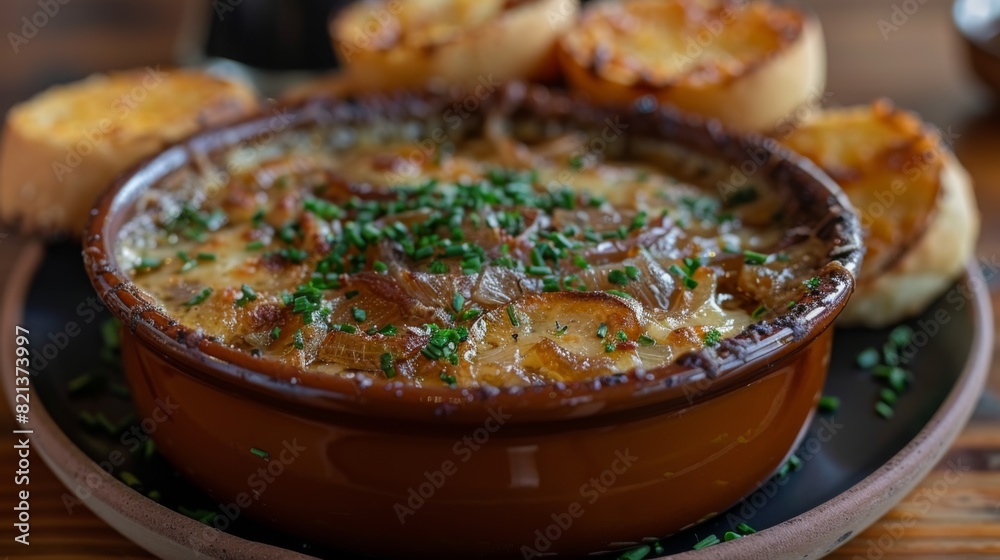 Zoom in on a plate of classic French onion soup, featuring caramelized onions, rich beef broth, and a bubbling layer