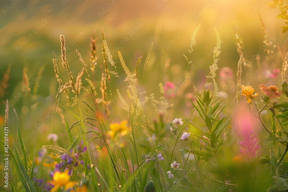 Wildflowers and other flowers in a sunlit field