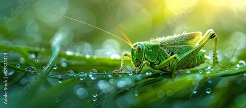 Close up of grasshopper on blade of grass photo