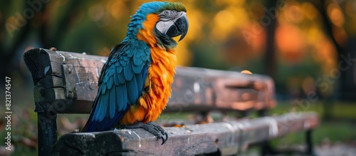 Colorful parrot perched on park bench