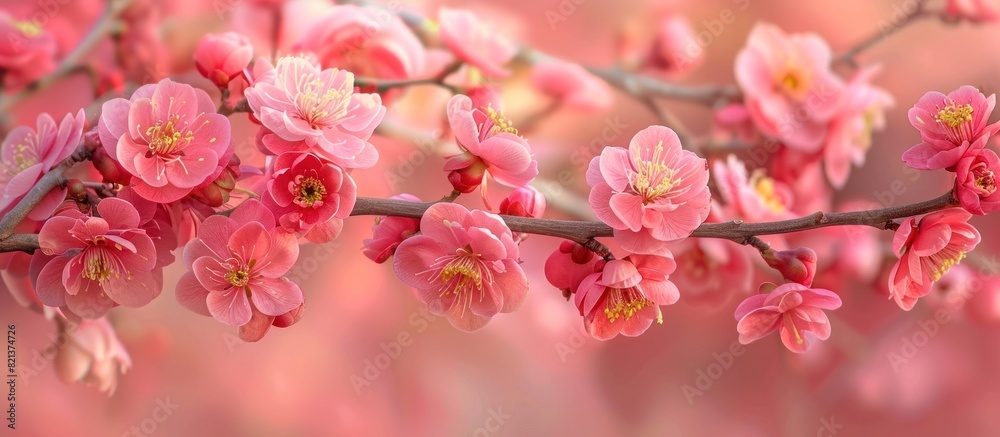 A branch of a tree adorned with a cluster of vibrant pink flowers in full bloom. A branch of a tree adorned with a cluster of vibrant pink flowers in full bloom.