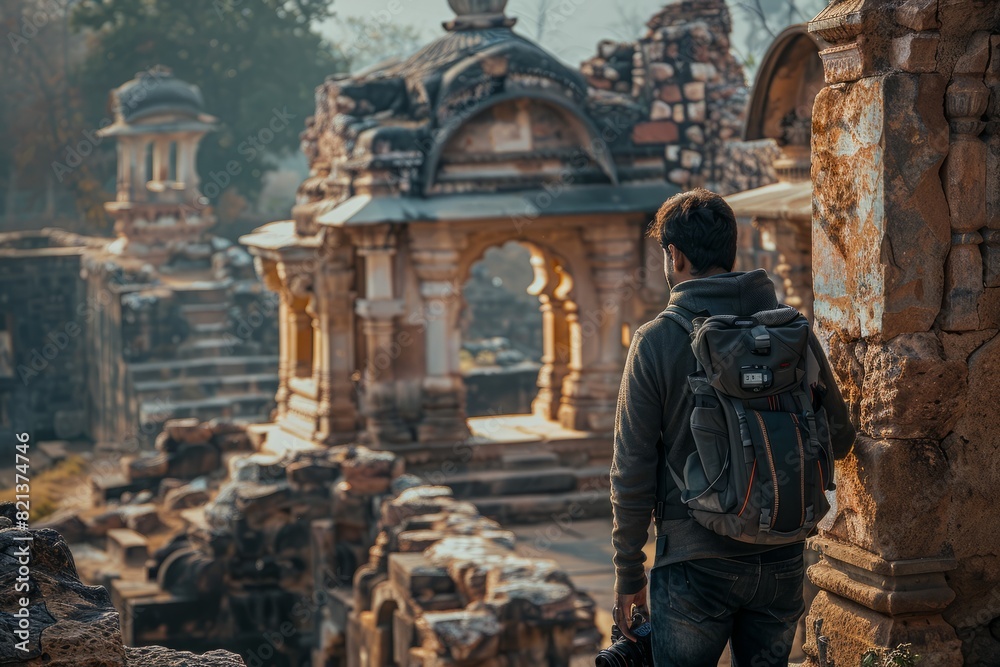 A young Indian man with a backpack looking at ancient ruins with enthusiasm and curiosity