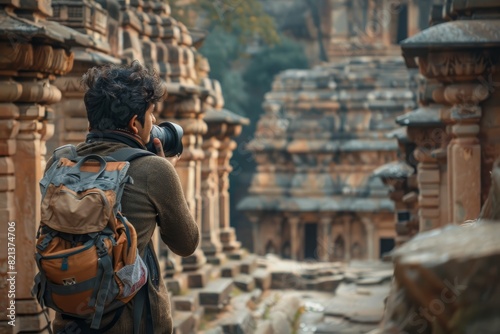 A young Indian man with a backpack takes a picture of the ancient temple ruins with his camera © Ilia Nesolenyi