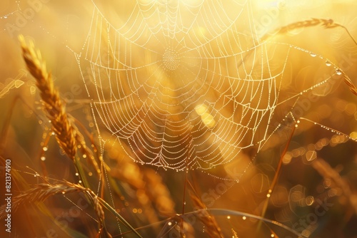 A detailed spider web, covered in dew, is suspended amongst blades of grass in the middle of a field