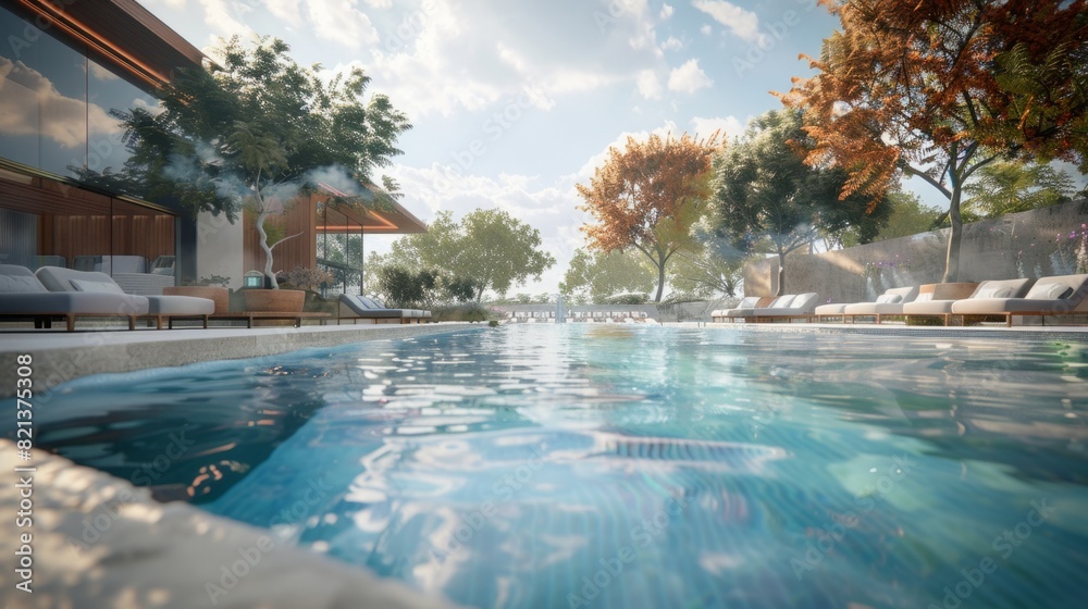 serenity and tranquility of the surroundings while the pool reflects the sky and the surroundings generative ai