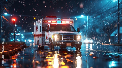 Ambulance with Flashing Sirens in the Rain, Paramedics are en route to provide essential rescue services
