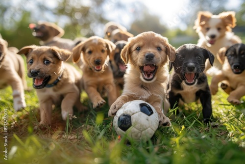A lively group of puppies from different breeds having a great time playing with a soccer ball in a grassy meadow