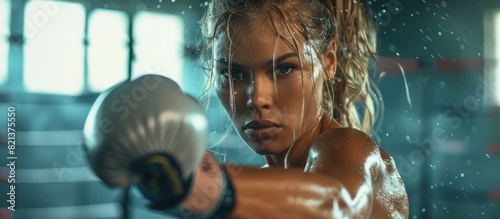 Female boxer wearing boxing gloves in gym photo