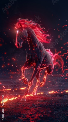 Beautiful and muscular horse with red hair running in the dark at night with neon lights  © Preb Creations