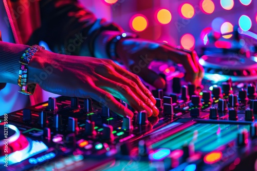 Close-up of DJs hands expertly mixing music on turntables and mixer with colorful LED lights in a busy nightclub setting