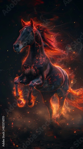 Beautiful horse, full body, running in the dark with red and orange light effects, in the style of neon