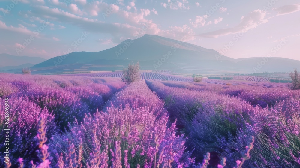Blooming lavender fields with a distant mountain backdrop --ar 16:9 Job ID: 4c1e3b7c-da2e-4428-9dae-468315d0b8a4