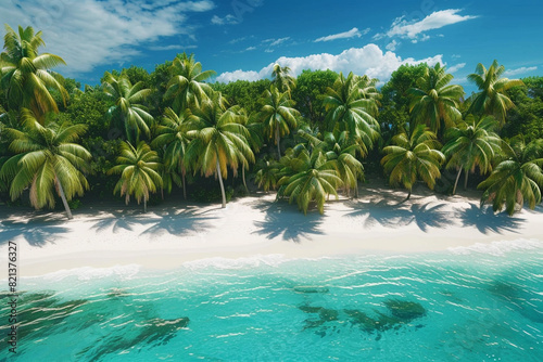 A tropical beach with pristine white sand  crystal-clear blue waters  and a dense grove of palm trees providing shade under a bright  sunny sky