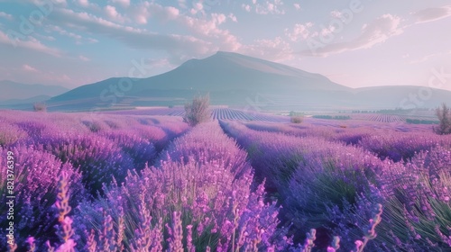 Blooming lavender fields with a distant mountain backdrop --ar 16:9 Job ID: 4c1e3b7c-da2e-4428-9dae-468315d0b8a4