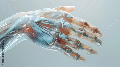 A 3D medical illustration displaying a patient's hand with Dupuytren's contracture, emphasizing the affected tendons and palmar fascia