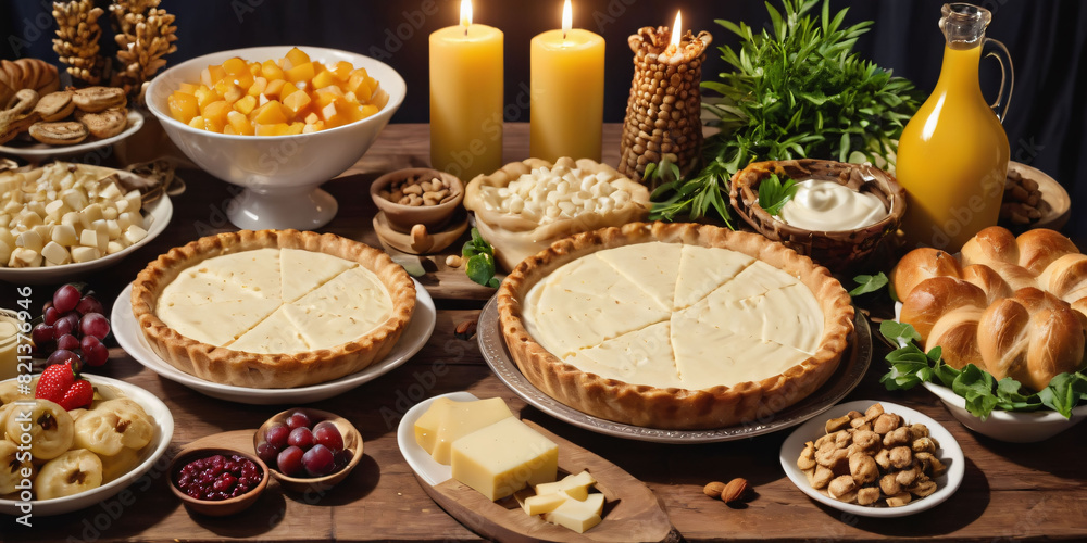 Symbols of jewish holiday - Shavuot: Cheeses, Breads, Fruits, and Nuts. A wooden table overflowing with a variety of cheeses, breads, fruits, nuts, and a glass of milk. Symbols of jewish holiday - Shavuot: Cheeses, Breads, Fruits, and Nuts. A wooden table overflowing with a variety of cheeses, breads, fruits, nuts, and a glass of milk.