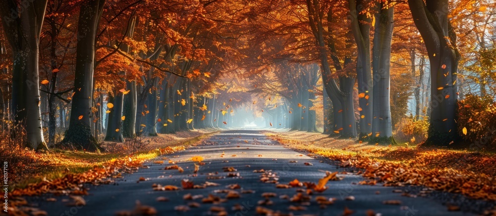 Naklejka premium Fall tree lined road covered in leaves