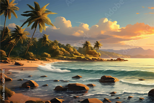 Sea view Landscape Illustration background. The beauty of the sea. Seascape, work of art. Vector illustration design. Sunset over the sea. 