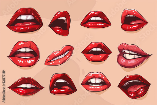 Array of Red Lips Expressing Various Emotions