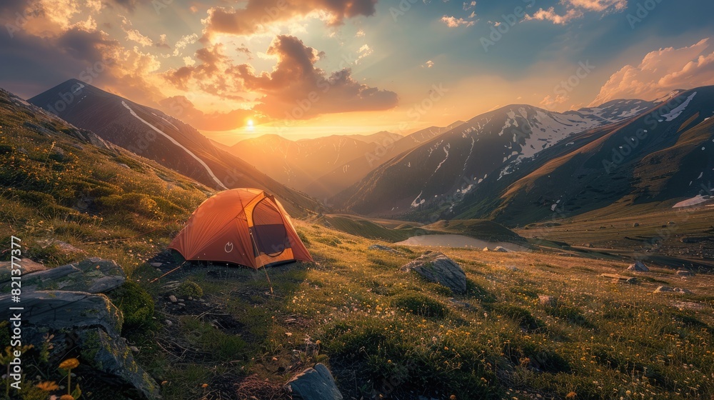 The image shows a beautiful landscape with a tent in the foreground and a mountain range in the background. The sky is a clear blue and the sun is shining brightly. The image is peaceful and serene