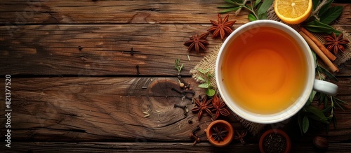A cup of tea with orange slice and spices