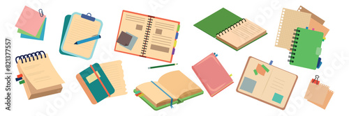 Set of a large collection of notebooks in cartoon style. Vector illustration of different notebooks, organizers, colored sheets, pen and pencil isolated on white background. Open and closed notebooks.