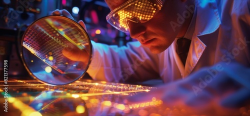 A scientist using a magnifying glass to inspect a sample of condensed neutrinos one of the many ods used to study these minute particles.