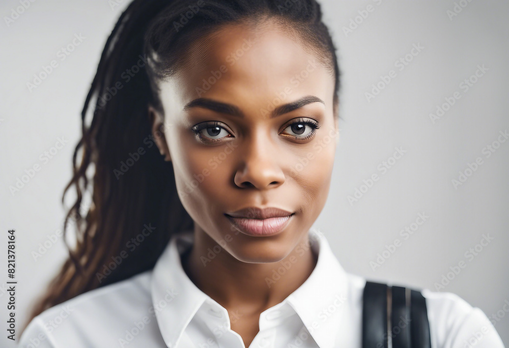 Portrait of an African American business women in a white shirt, isolated white background
Portrait of an African American business women in a white shirt, isolated white background