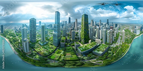 An immersive 360-degree equirectangular panorama of Chicago in the future, with green roofs covering skyscrapers and urban farms