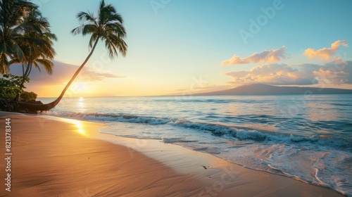 A serene beach at sunset with palm trees and a calm ocean, perfect for summer relaxation  © Didikidiw61447