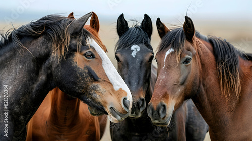 A group of horses standing together in a field  their heads close as they nuzzle each other affectionately  generative ai