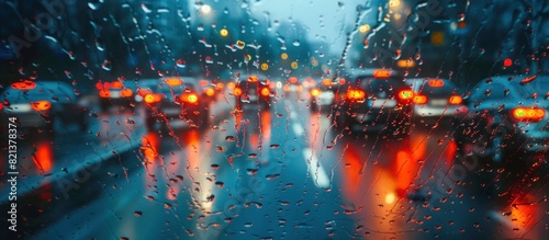 Bustling traffic on rainy city street