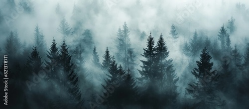 Dense forest shrouded in fog photo