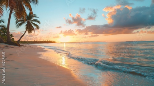 A serene beach at sunset with palm trees and a calm ocean  perfect for summer relaxation 