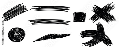Sketch line strokes set. Hand drawn scrawl scribble doodle square, cross, circle. Stock vector illustration isolated on a white background.
