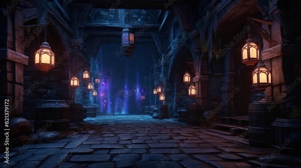 Mysterious dark dungeon Abandoned city halloween night scene