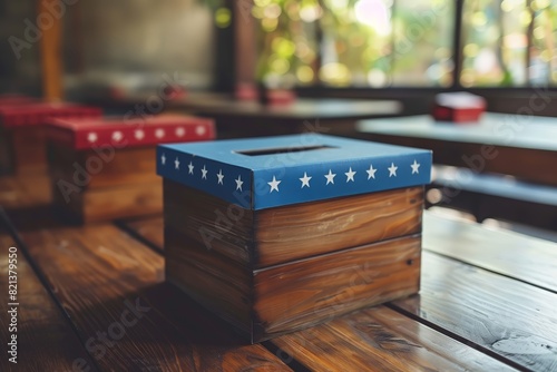 Ballot box on wooden table with red booths photo