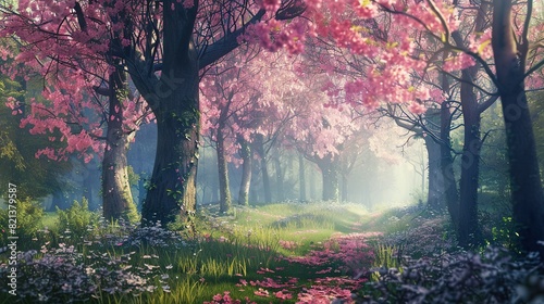  A stunning forest painting featuring vibrant pink flowers adorning the tree trunks and a winding path guiding viewers towards the heart of the image