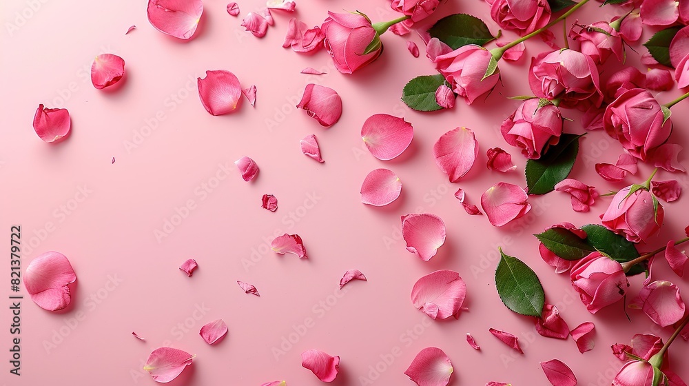 Pink flowers cover the pink surface, with leaves and petals scattered on top Pink flowers cover the pink surface, with leaves and petals scattered on top